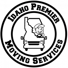 Idaho Premier Moving Services logo: Truck driving through Idaho outline, cartoon driver.
